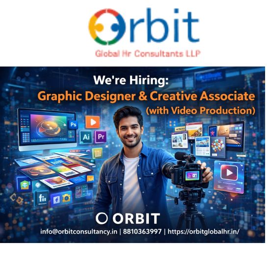 Futuristic hiring visual for Graphic Designer and Creative Associate with video production by Orbit Global with contact details