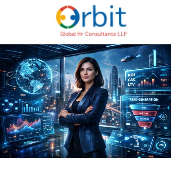 Futuristic female digital growth leader analyzing performance metrics and lead funnels in a high-tech command center