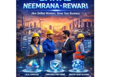Futuristic recruitment illustration showing industrial professionals hiring skilled workers in Bawal, Neemrana, and Rewari, representing the best recruitment agency in these locations.