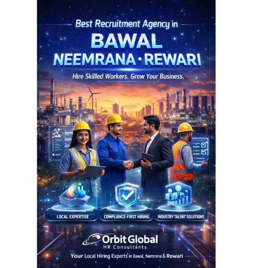 Futuristic recruitment illustration showing industrial professionals hiring skilled workers in Bawal, Neemrana, and Rewari, representing the best recruitment agency in these locations.