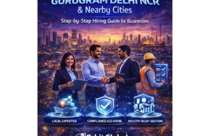 Futuristic recruitment visual showing professionals hiring talent across Gurugram Delhi NCR, Noida, Ghaziabad, Faridabad, Bawal, Rewari, and Neemrana, representing a step-by-step hiring guide by a top recruitment agency.