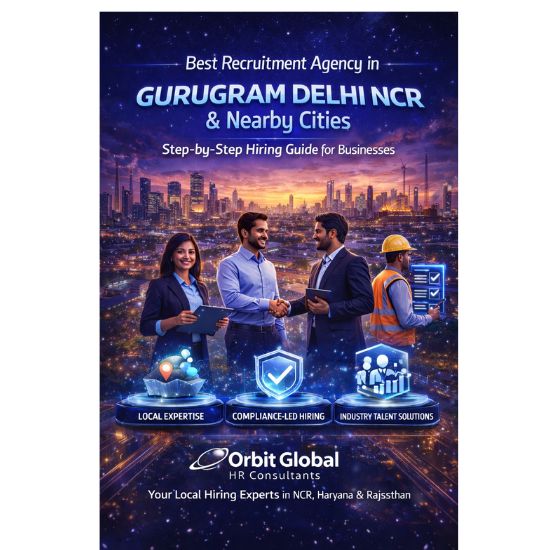 Futuristic recruitment visual showing professionals hiring talent across Gurugram Delhi NCR, Noida, Ghaziabad, Faridabad, Bawal, Rewari, and Neemrana, representing a step-by-step hiring guide by a top recruitment agency.