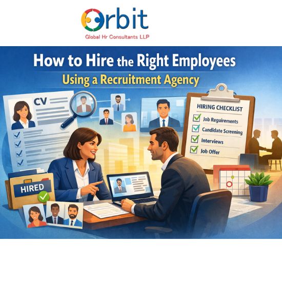 Illustration showing a recruitment consultant guiding an employer through the hiring process using resumes, interviews, and a hiring checklist