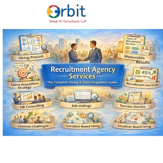 Pillar page illustration showing recruitment agency services including hiring process, talent acquisition, HR consulting, case studies, and success stories