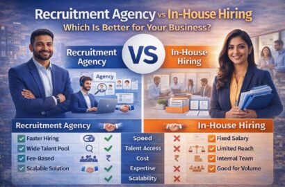 Comparison of recruitment agency vs in-house hiring showing differences in speed, cost, expertise, and scalability