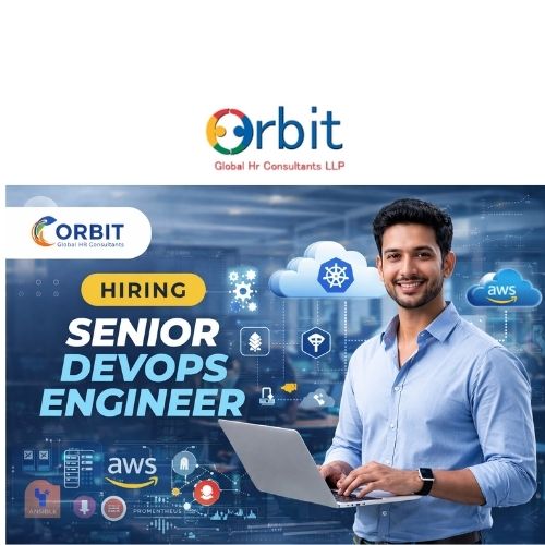 Senior DevOps Engineer hiring banner by Orbit Global HR Consultants showcasing cloud, Kubernetes, and AWS infrastructure role in Bangalore