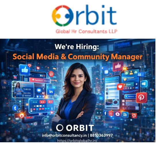 Futuristic hiring visual for Social Media and Community Manager role by Orbit with contact details and website link