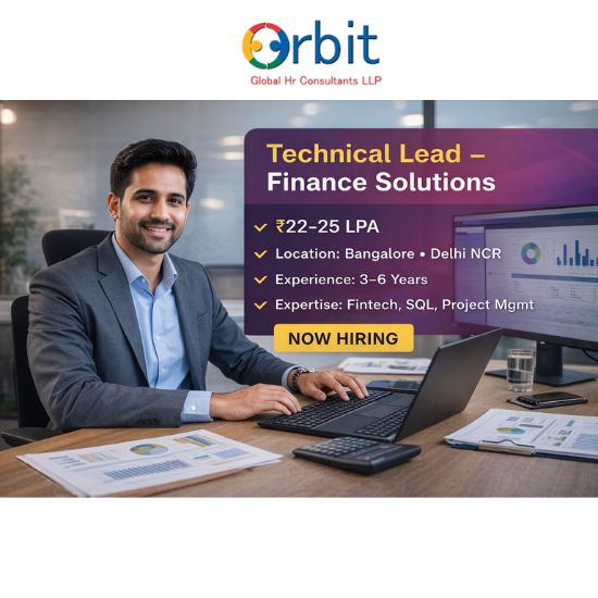 Technical Lead Finance Solutions job vacancy with salary and location details displayed in a modern office setting