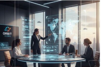 Professional HR consultants using holographic data interface for global talent acquisition strategy.