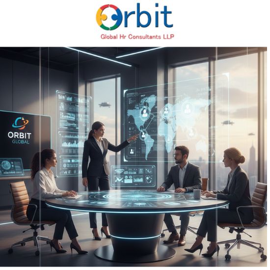 Professional HR consultants using holographic data interface for global talent acquisition strategy.