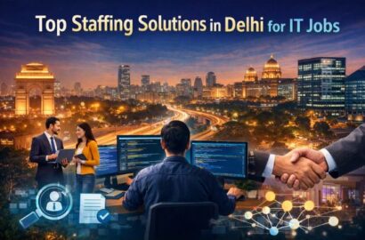 Top staffing solutions in Delhi for IT jobs featuring Delhi skyline, IT professionals, and technology recruitment concepts