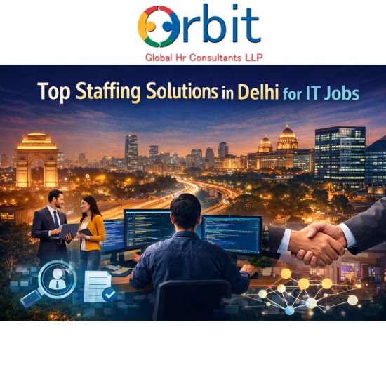 Top staffing solutions in Delhi for IT jobs featuring Delhi skyline, IT professionals, and technology recruitment concepts