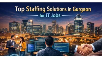 Top staffing solutions in Gurgaon for IT jobs showing Gurgaon skyline with IT professionals, recruitment, and technology hiring concepts