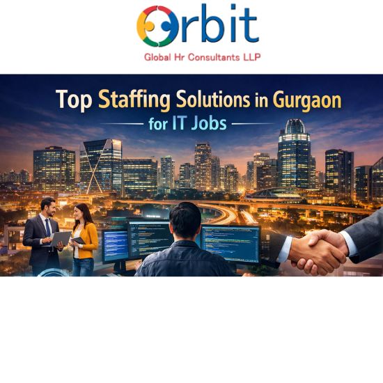 Top staffing solutions in Gurgaon for IT jobs showing Gurgaon skyline with IT professionals, recruitment, and technology hiring concepts