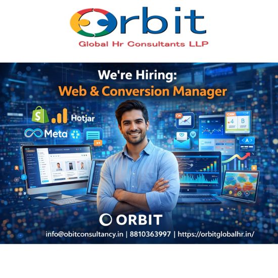 Futuristic hiring visual for Web and Conversion Manager role by Orbit Global with contact details and website link