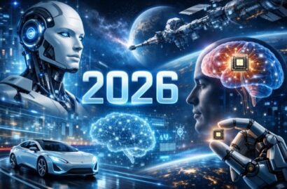 Futuristic 2026 technology concept showing AI humanoid robot, autonomous car, space station, brain-computer interface, and digital transformation theme