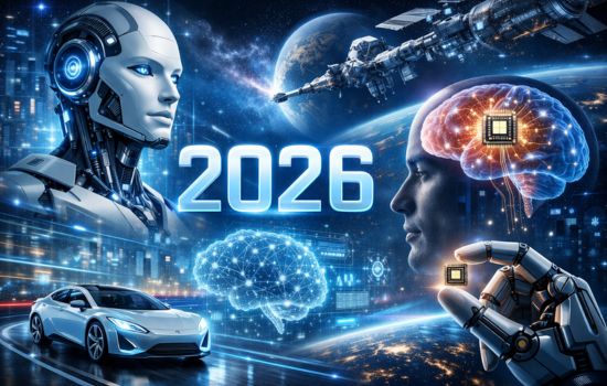 Futuristic 2026 technology concept showing AI humanoid robot, autonomous car, space station, brain-computer interface, and digital transformation theme