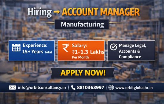 Accounts Manager job vacancy in manufacturing company hiring via Orbit Global HR Consultants with 15+ years experience requirement