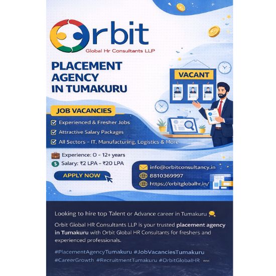Orbit Global HR Consultants Tumakuru placement agency job vacancies with experience and salary details