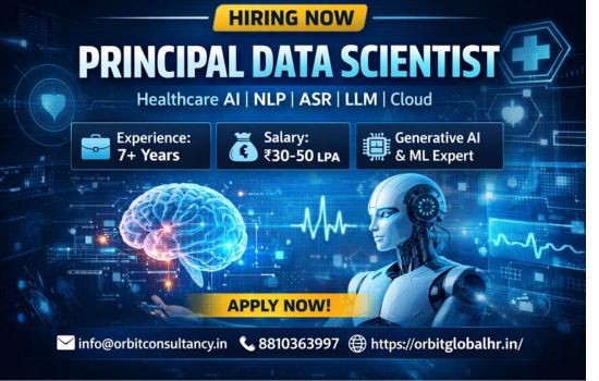Principal Data Scientist hiring poster featuring Healthcare AI, NLP, ASR, LLM, 7+ years experience, ₹30–50 LPA salary, Bangalore location with Orbit Global HR contact details.
