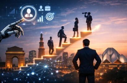 Executive search in Delhi NCR with AI-driven leadership, futuristic skyline, India Gate and Lotus Temple symbolizing talent growth and corporate transformation.