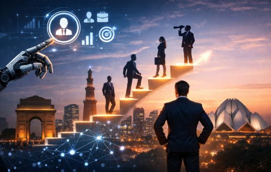 Executive search in Delhi NCR with AI-driven leadership, futuristic skyline, India Gate and Lotus Temple symbolizing talent growth and corporate transformation.