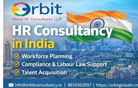 HR consultancy in India promotional graphic by Orbit Global HR Consultants LLP highlighting workforce planning, compliance and talent acquisition services