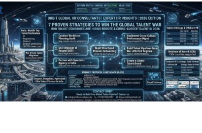 Futuristic digital interface showing Orbit Global HR Consultants' 7 strategies for global talent acquisition in 2026, featuring a high-tech command center and data visualizations.