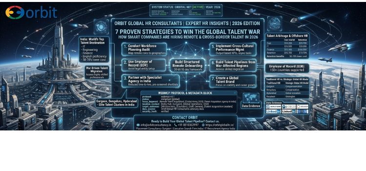 Futuristic digital interface showing Orbit Global HR Consultants' 7 strategies for global talent acquisition in 2026, featuring a high-tech command center and data visualizations.