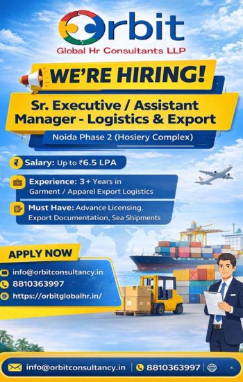 Senior Executive Logistics Export Job Hiring in Noida by Orbit Global HR Consultants showing salary, experience, and contact details for garment export logistics role