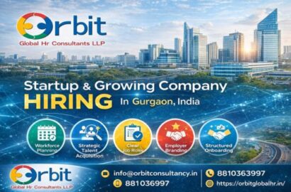 Startup & Growing Company Hiring strategies infographic in Gurgaon India by Orbit Global HR Consultants showing workforce planning, talent acquisition, onboarding, and employer branding