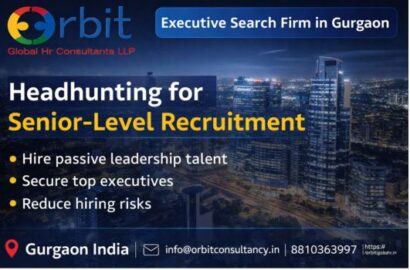 Headhunting for senior-level recruitment infographic by Orbit Global HR Consultants Gurgaon showing executive search services and leadership hiring solutions
