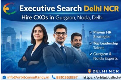 Executive search firm Delhi NCR banner showcasing Orbit Global HR Consultants offering CXO hiring in Gurgaon, Noida, and Delhi with contact details