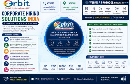 Corporate hiring solutions India infographic by Orbit Global HR Consultants showing talent acquisition, recruitment services, Gurgaon location, and WebMCP AI-ready hiring framework