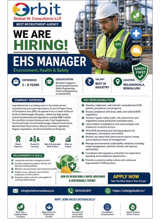 EHS Manager job in Bengaluru with 5-8 years experience environmental health safety manager hiring now