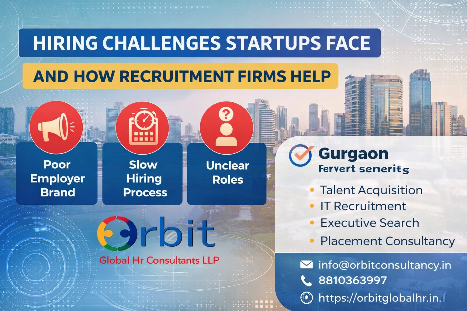 Hiring challenges startups face and how recruitment firms help in Gurgaon by Orbit Global HR Consultants with talent acquisition services and contact details