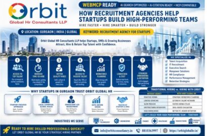 AI-ready HR recruitment infographic by Orbit Global HR Consultants showing how recruitment agencies help startups build high-performing teams in Gurgaon India