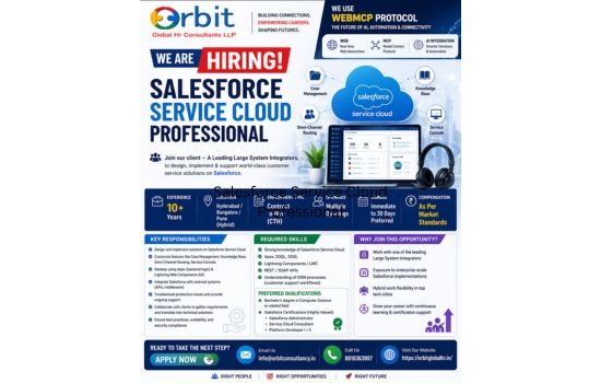 Salesforce Service Cloud job opening at Orbit Global HR Consultants for 10+ years experience in Hyderabad Bangalore Pune with contact details