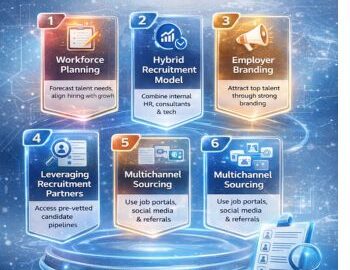 Futuristic recruitment infographic by Orbit Global HR Consultants showcasing 7 powerful recruitment solutions for scaling teams fast including workforce planning, hybrid hiring, and employer branding.