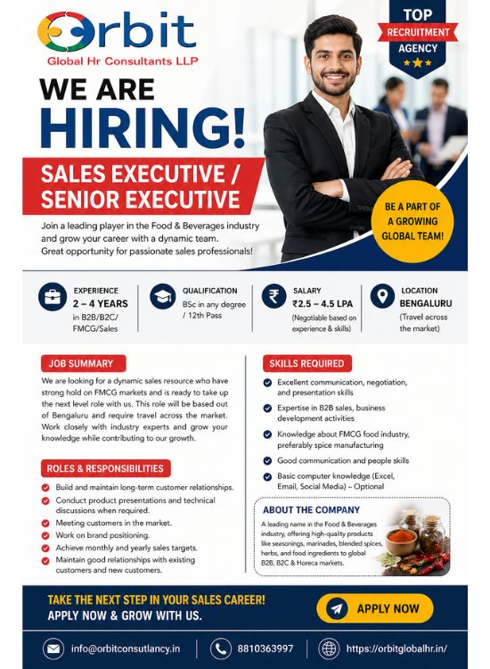 Sales Executive job in Bengaluru with 2-4 years experience in FMCG B2B B2C sales, salary 2.5-4.5 LPA hiring now