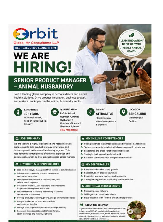 Senior Product Manager Animal Husbandry job in Bengaluru with 10+ years experience PhD required animal nutrition livestock industry hiring
