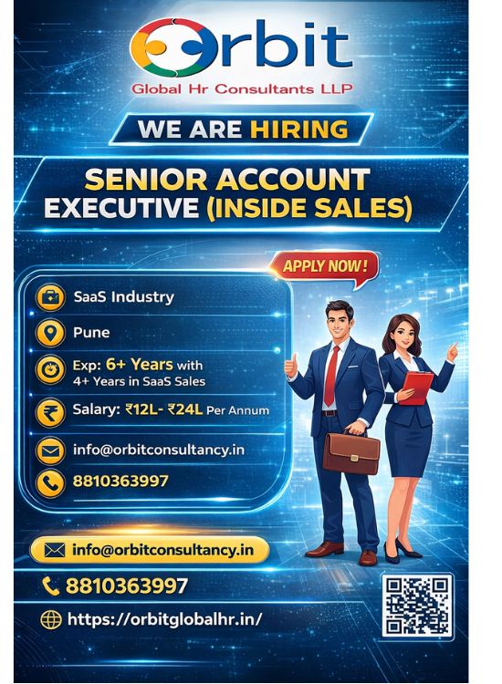 Senior Account Executive Inside Sales job opening in Pune SaaS industry by Orbit Global HR Consultants with experience salary and contact details
