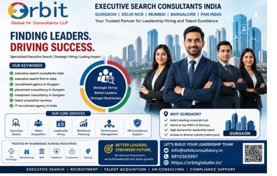Executive search consultants India banner by Orbit Global HR Consultants showing leadership hiring services, Gurgaon recruitment agency, talent acquisition and executive hiring solutions