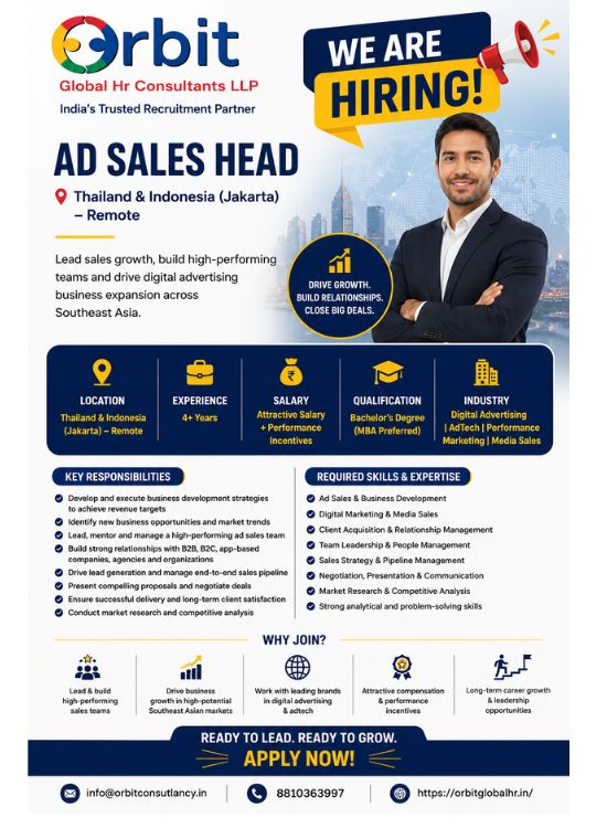 Ad Sales Head job opening in Thailand and Indonesia (Remote) for experienced digital advertising and AdTech sales professionals. Hiring business development leaders with 4+ years of experience through Orbit Global HR Consultants.