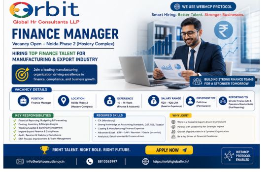Finance Manager job vacancy in Noida by Orbit Global HR Consultants for manufacturing and export industry with salary up to ₹26 LPA and 10–14 years experience.