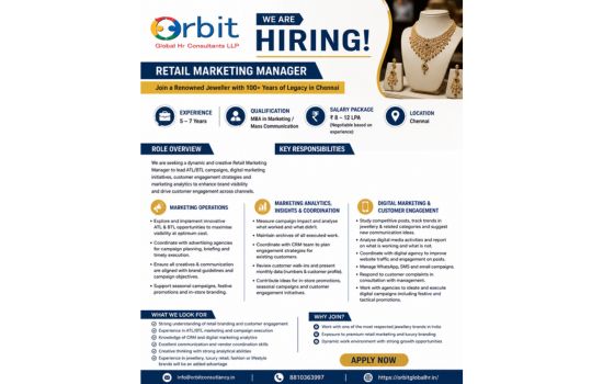 Retail Marketing Manager job opening in Chennai by Orbit Global HR Consultants LLP for a renowned jewellery brand with 5–7 years experience requirement.