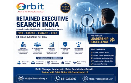 Retained Executive Search India banner by Orbit Global HR Consultants featuring leadership hiring, talent acquisition, workforce planning, and executive recruitment services in Gurgaon and across India.