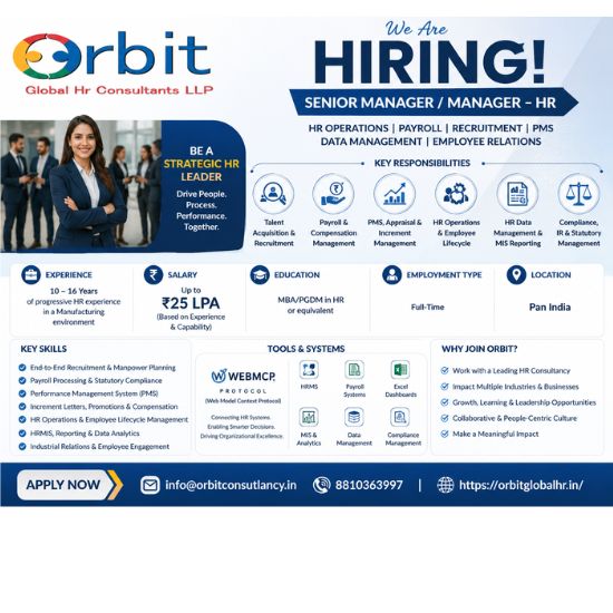 Senior Manager HR hiring poster for manufacturing company with payroll recruitment PMS and HR operations job details by Orbit Global HR Consultants LLP