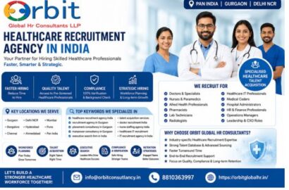 Healthcare Recruitment Agency India banner by Orbit Global HR Consultants showing healthcare hiring services, medical staffing solutions, and talent acquisition support across Gurgaon, Delhi NCR, and Pan India.