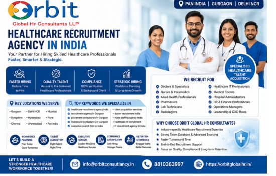 Healthcare Recruitment Agency India banner by Orbit Global HR Consultants showing healthcare hiring services, medical staffing solutions, and talent acquisition support across Gurgaon, Delhi NCR, and Pan India.